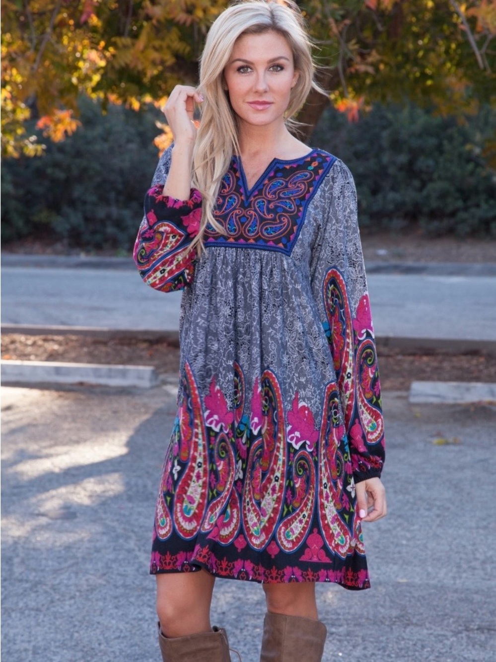 White Mark Women's Apolline Embroidered Black Paisley Boho Sweater Dress SZ XL